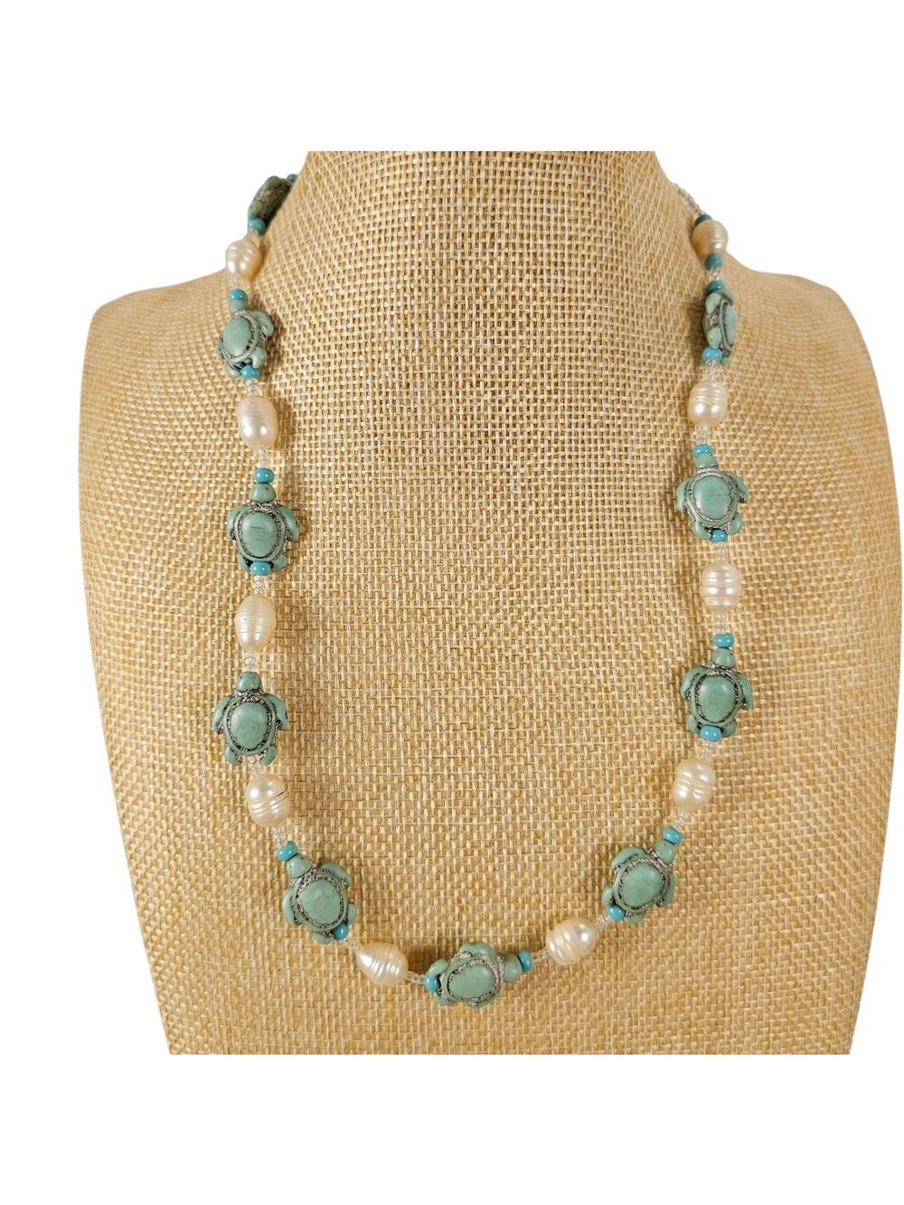 Turtle Bead Necklace Faux Pearl Turquoise Blue Beaded Magnetic Clasp 20"